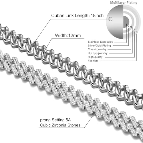 Mens and Womens Miami Cuban Link Chain Necklace 12mm Diamond Prong Cuban Chain 18/20/24inch Length Hip Hop Jewely - color: Silver, size: 20 inch