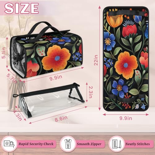 Boho Flower Hanging Roll Up Cosmetic Bag with 4 Removable Storage Bags Waterproof Foldable Toiletry Kit for Women - color: Multicolor 19