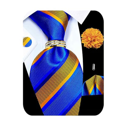 5PCS Mens Silk Tie, Pocket Square, Cufflinks, Drilled Tie Ring and Lapel Pin Set for Wedding Groom Party - color: Gold and Blue Tie Set -151