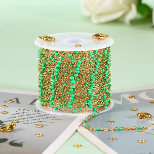 KYUNHOO 16.4FT/5M Gold Plated Jewelry Chains Bulk for Necklace Crafting | Bright Green Bead Cable Links Stainless Steel Enamel Chain for Earring Bracelet Making with Jewelry Accessories - color: gold-light green