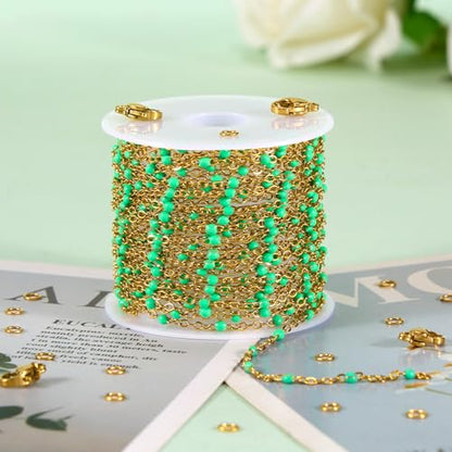 KYUNHOO 16.4FT/5M Gold Plated Jewelry Chains Bulk for Necklace Crafting | Bright Green Bead Cable Links Stainless Steel Enamel Chain for Earring Bracelet Making with Jewelry Accessories - color: gold-light green