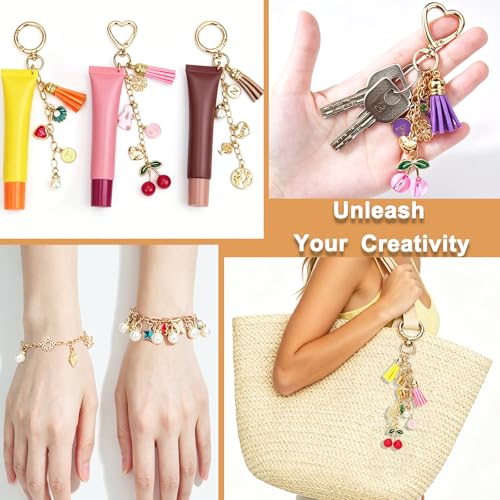 570 Pcs Keychain Making Kit, DIY Charm Making Supplies with Tassels | Enamel Charms Letter Beads, Pearl and Cherry Charm, Extender Chains, Storage Box Instruction Manual with Gift Bags, DIY Craft - size: 570pcs kit