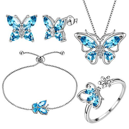 Aurora Tears Butterfly Jewelry,Women 925 Sterling Silver Butterflies Birthstone Pendant Necklace/Earrings/Rings Wedding Gift - color: C.March-set 3