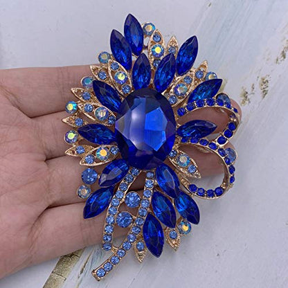 SELOVO Big Large Flower Bow Brooch Scarf Decoration Brooch Pin Gold Tone - color: blue