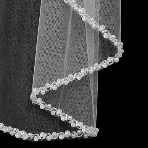 Wedding Veil 1 Tier Fingertip Length Wedding Bridal Veil with Comb Pearls Crystals Beaded Edge