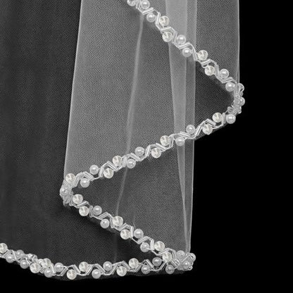 Wedding Veil 1 Tier Fingertip Length Wedding Bridal Veil with Comb Pearls Crystals Beaded Edge