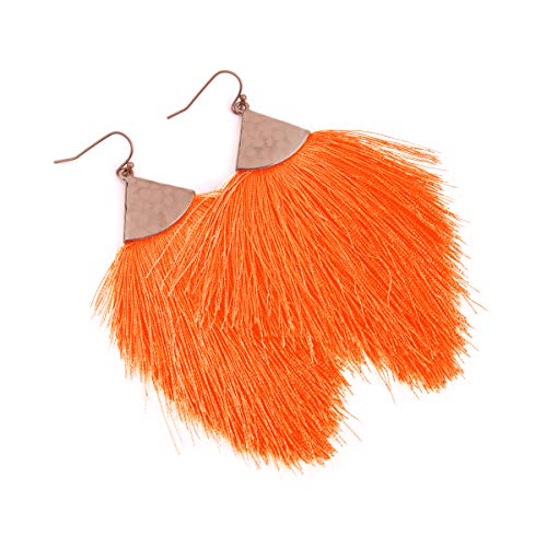 Bohemian Silky Thread Fan Fringe Tassel Statement Earrings - Lightweight Strand Feather Shape Dangles - color: Feather Fringe - Neon Orange