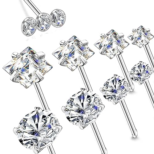14k Gold Plated 316L Surgical Steel 22g/20g/18g Nose Rings Studs L-Shape Bone Screw Nostril Piercing 1.5mm 2mm 2.5mm 3mm 3.5mm 4.5mm CZ Nose Studs for Women - color: 20g 9pcs Bone Silver Surgical Steel with 3diamond