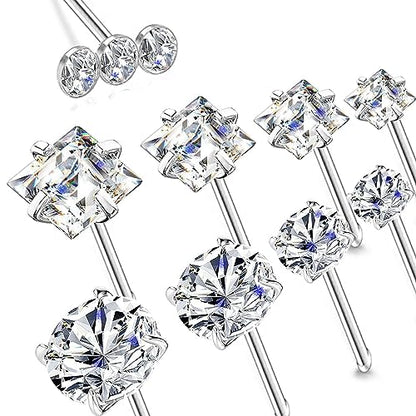 14k Gold Plated 316L Surgical Steel 22g/20g/18g Nose Rings Studs L-Shape Bone Screw Nostril Piercing 1.5mm 2mm 2.5mm 3mm 3.5mm 4.5mm CZ Nose Studs for Women - color: 20g 9pcs Bone Silver Surgical Steel with 3diamond