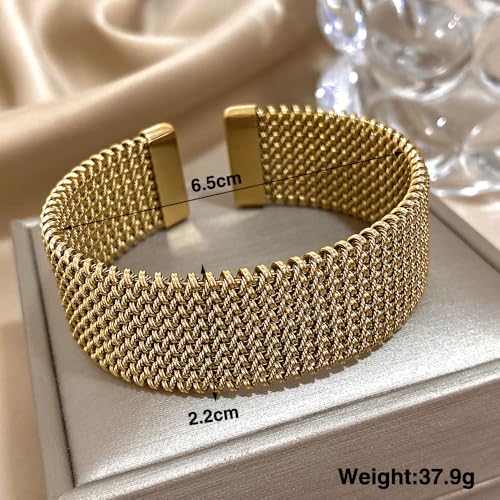 hotoo Gold Open Cuff Bangles Wide Woven Bracelets For Women Stainless Steel Stackable Jewelry For Xmas Birthday Gifts - style: Cuff Bracelet