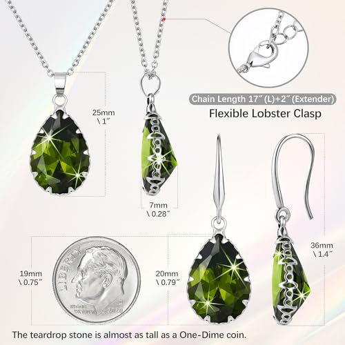 Linawe Crystal Jewelry Sets for Women, Imitation Diamond Pendant Necklace, Rhinestone Drop Dangle Earrings, Birthstone Cubic Zirconia Matching Wedding Jewelry, 14K Gold/Rose Gold/Silver Tones - color: Silver,Peridot,August