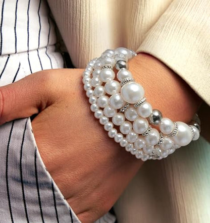 4Pcs Pearl Bracelet Stack, Fake White Pearl Bracelets for Women Dainty Beaded Jewelry Imitation Pearls, Stackable & Multilayered, Perfect for Bridesmaids, Silver & White