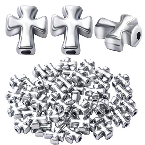 50pcs Antique Silver Cross Spacer Beads Tibetan Alloy Crucifix Cross Charm Beads for DIY Jewelry Bracelet Making,9.6mm×8.4mm