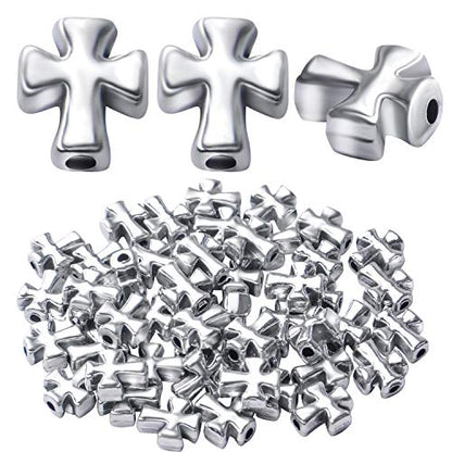 50pcs Antique Silver Cross Spacer Beads Tibetan Alloy Crucifix Cross Charm Beads for DIY Jewelry Bracelet Making,9.6mm×8.4mm