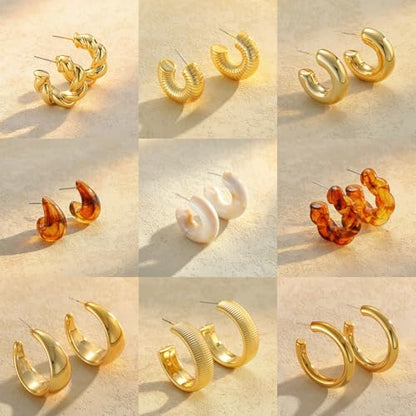 Chunky Gold Hoop Earrings for Women 9 Pairs, Fashion Resin Jewelry Gifts | Thick, Open, Twisted, Huggie, lightweight, 14K Gold-plated, Hypoallergenic, Great for Party/Gathering/Wedding/Work/Daily - color: Golden Earth