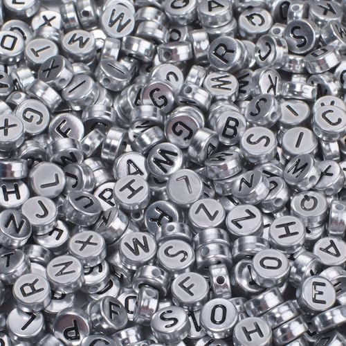 1000Pcs Acrylic Silver Letter Beads Alphabet Colorful Letter Black Round Beads for Friendship Bracelets and Gifts Souvenir Jewelry Making(4 * 7mm Round) - color: Sliver Black(Round)