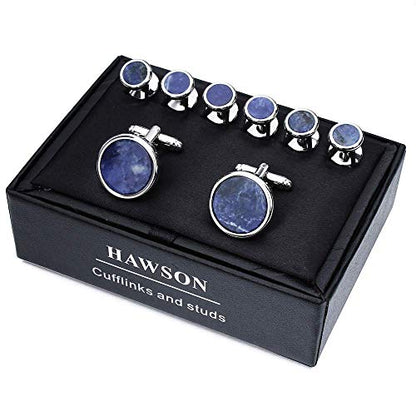 HAWSON Fashion Mother-of-Pearl Tuxedo Shirt Button and Cufflink Set, Specially Designed for Wedding Business - color: Silver Tone- Blue Vein