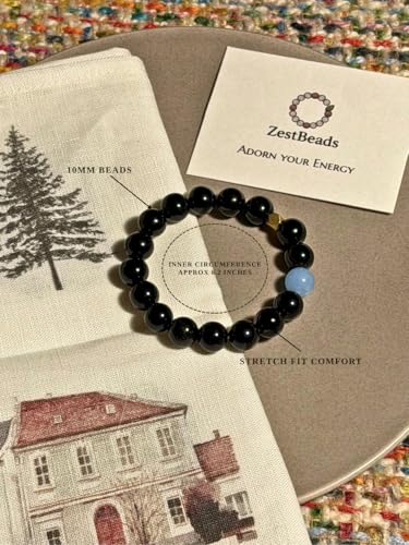 ZestBeads 10mm Natural Gemstone Bracelet for Women, Premium Crystal Beaded Energy Jewelry for Mindfulness & Meditation, Gift Ready Sustainable Cork Packaging - style: Eclipse Tide