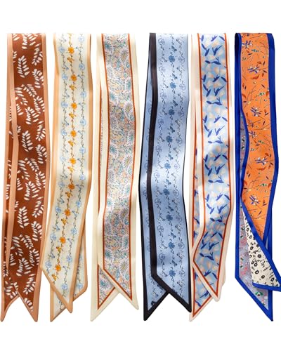 ZXZH 6 Pack Fashion Scarves for Women, Versatile Boho Head Scarf | Satin Scarf for Hair, Neck, Wrist, and Purse Accessories - color: Cognac Botanical Mix