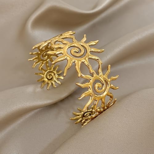 Chunky Gold Sun Cuff Bracelet for Women – Boho Spiral Sun Statement Jewelry, Stainless Steel Adjustable Wide Metal Bangle for Holiday Fashion - color: Gold