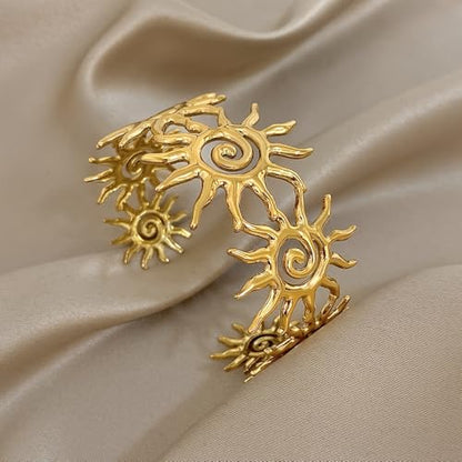 Chunky Gold Sun Cuff Bracelet for Women – Boho Spiral Sun Statement Jewelry, Stainless Steel Adjustable Wide Metal Bangle for Holiday Fashion - color: Gold