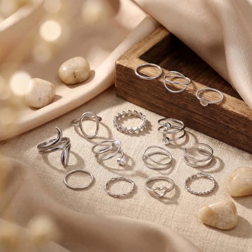 42-Piece Gold Tone Stackable Ring Set for Women, Boho Minimalist Stacking Rings with Crystal & Heart Accents, Adjustable Open Band Jewelry for Daily Wear - style: TZY-003354-01