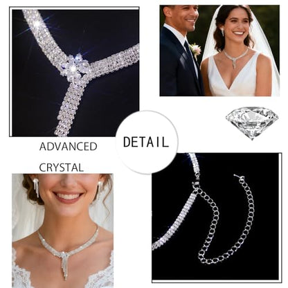 Women's Fashion Jewelry Rhinestone Zircon Necklace and Earring Set Formal Ball Gown Accessories Silver Floral Pendant Bridal Wedding Jewelry Suitable for Weddings, Balls, Banquets, and All Special Occasions - style: GST006