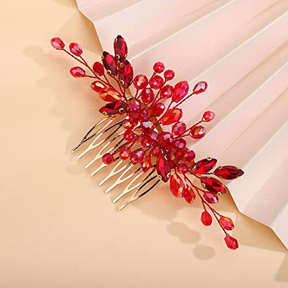 Teyglen Crystal Wedding Hair Comb - Bridal Full Red Rhinestone Side Comb - Dainty Green Blue Black Pieces - Bride Accessories for Women Girl (Red) - color: Red