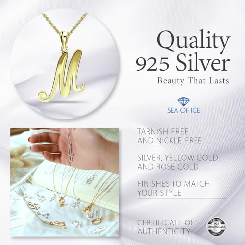 SEA OF ICE Letter Initial Necklace, Alphabet Letter Pendant Necklace, Sterling Silver, Gold, Rose Gold Necklace for Women, Elegant Initial Necklaces, Personalized Custom Women's Necklaces - color: Yellow Gold - M