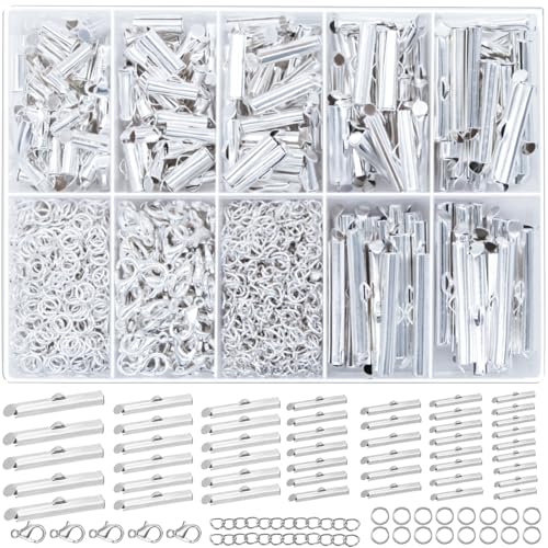 EuTengHao Silver Slider Clasp Kit for Beading, Tube Slide Cord Ends with Lobster Clasp, Chain Extender, Jewelry Findings for Beading Necklace Bracelet Making (6 Sizes, Bright Silver, 540Pcs) - color: Bright Silver