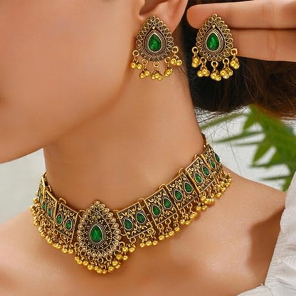 Frodete Indian Jewelry Sets for Women Traditional Bohemian Wedding Jewelry Set Indian Dresses for Women Oxidized Ethnic Party Prom Wear - color: B3:green indian necklace earring sets