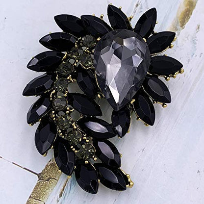 SELOVO Marquise Shape Rhinestone Red Leaf Costume Brooch Pin Jewelry Antiqued Gold Tone - color: Black