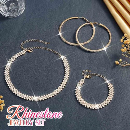 Black Jewelry Sets Rhinestone Necklace Hoop Earrings Bracelet Set Prom Formal Sparkly Costume Jewelry Sets for Women - color: Gold