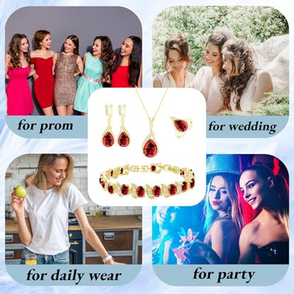 GZWHD Jewelry Set for Women CZ Earrings Necklace Ring Bracelet Set Prom Party Wedding Jewelry Gift for Mother Friend Wife - color: B-Gold-Garnet