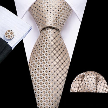 YOHOWA Men Plaid/Striped Ties Clip Set Silk Necktie Pocket Square Cufflinks | Woven Classic,Formal/Casual Mens Tie,Pocket Square Cufflinks Set,Luxury,Business,Wedding,Party,Prom,Graduation - color: Champagne Gold