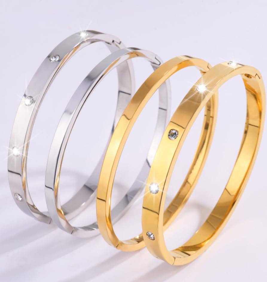 Minimalist Two-Tone Stackable Bangle Set for Women – Stainless Steel Bracelets with Crystal Accents
