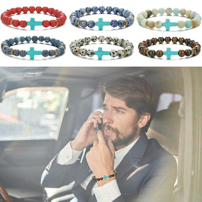 Beaded Bracelets Cross Bracelet for Women Men Lava Rock Turquoise Tiger Eye Natural Bracelet Anxiety Healing - color: 10 Pcs- green cross