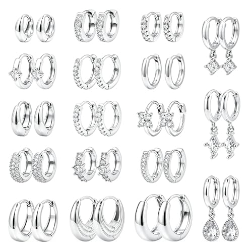 Wgoud 12 Pairs Small 14K Gold Plated Chunky Hoop Earrings for Women Hypoallergenic Lightweight Gold/Silver Hoop Earring Set for Sensitive Ears Trendy Cartilage Huggie Hoops Stacks for Multiple Piercing Jewelry - color: Silver-18 pairs