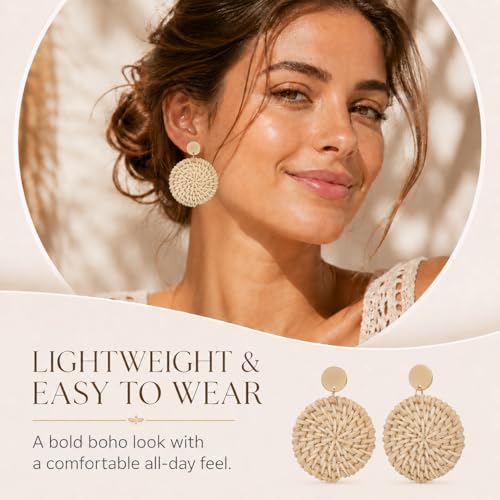 Handmade Raffia Rattan Bohemian Dangle Earrings for Women, Woven Rattan Round Drop Dangle Earrings Beach Jewelry - color: Round B
