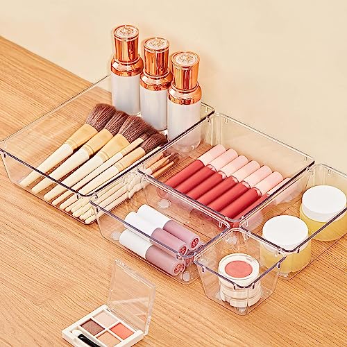 SMARTAKE 22-Piece Drawer Organizer with Non-Slip Silicone Pads, 5-Size | Clear Desk Bathroom Drawer Organizer Trays Storage Tray for Makeup, Jewelry, Utensils in Bedroom Dresser, Office and Kitchen - size: 22 PCS