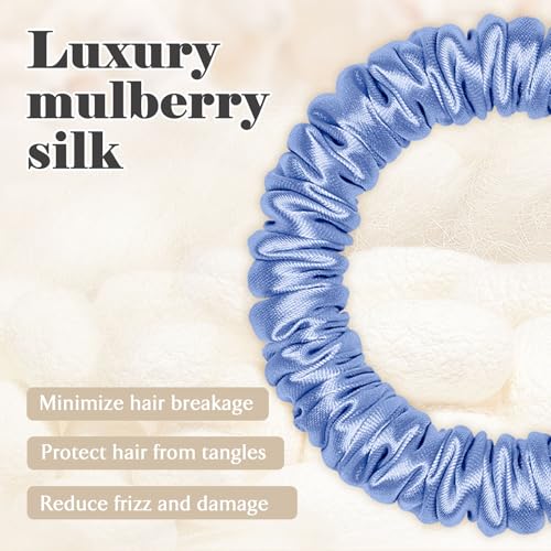 Scrunchies Hair Ties Silk Satin Scrunchy, WantGor Women 4PC Hair Bands | Pure Mulberry Silk Skinny Elastic Scrunchies Bracelets Ponytail Holders Hair Accessories (Black,Blue,Navy,Lake Blue) - color: Black,Blue,Navy,Lake Blue