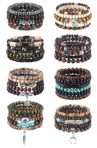 Giovanchi 41/44 PCS Wooden Beaded Bracelets for Men Larger Size Adjustable Punk Braided Wooden Bracelet Bulk Wood Bangles Wristbands Meaningful Jewelry Gift - style: Style B:41 PCS