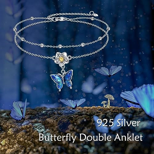 YAFEINI Anklet Bracelets for Women Girls Sterling Silver Hummingbird/Dragonfly/Butterfly Link Chain Anklets Jewelry Gifts - color: Layered butterfly anklets