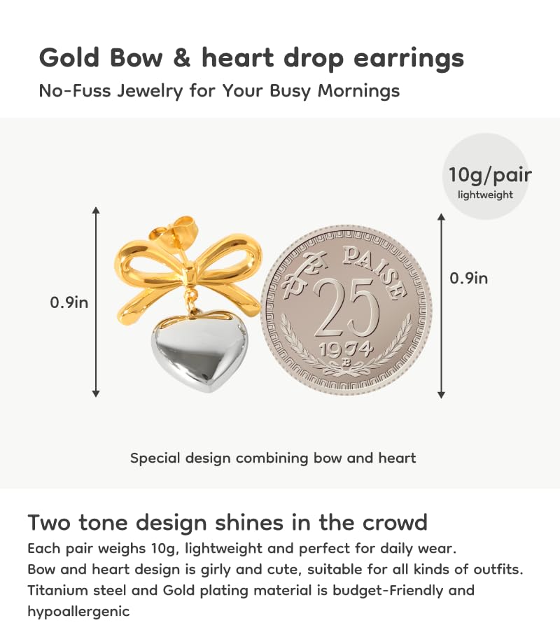 18K Gold Plated & Silver Chunky Heart & Bow Earrings for Women, Chunky Heart Dangle Hoops/Tiny Studs, Kawaii Dainty Hypoallergenic Jewelry for Multiple Piercings, Gift for Her - style: Bow and Heart