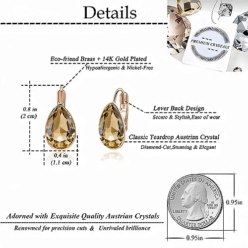 Austrian Crystal Teardrop Leverback Drop Earrings for Women | 14K Gold-Plated Finish, Sparkling Pear Stone, Smooth Bezel Frame, Secure Leverback Closure, Dainty Day-To-Evening Style - color: Light Topaz