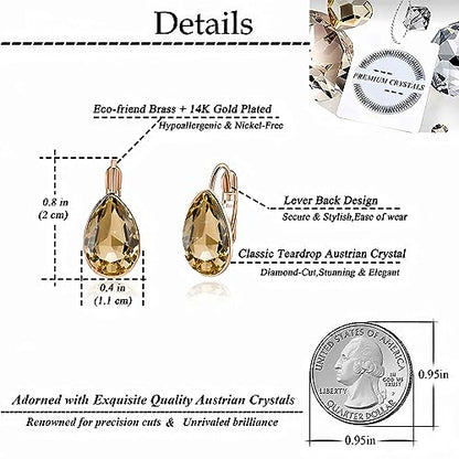Austrian Crystal Teardrop Leverback Drop Earrings for Women | 14K Gold-Plated Finish, Sparkling Pear Stone, Smooth Bezel Frame, Secure Leverback Closure, Dainty Day-To-Evening Style - color: Light Topaz