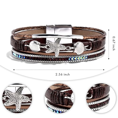 VIBILIA Boho Leather Wrap Bracelets for Women Multi-Layer Bracelets | With Strong Clasp Jewelry for Women - color: 04-ShellStarfish-Coffee