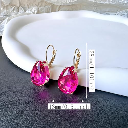 14K Gold Teardrop Crystal Leverback Earrings Sparkly Rhinestone Water Droplet Dangle Drop Earrings For Women - color: Rose Red