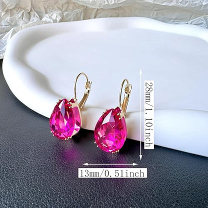 14K Gold Teardrop Crystal Leverback Earrings Sparkly Rhinestone Water Droplet Dangle Drop Earrings For Women - color: Rose Red