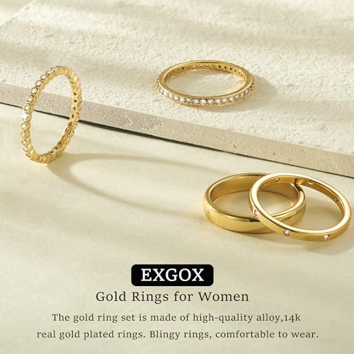 EXGOX Dainty Stackable Gold Rings - 14K Gold Plated, Non Tarnish Cubic Zirconia Stacking & Thumb Knuckle Rings (4pcs Size 7-11) - color: Gold Bands Rings, size: 11